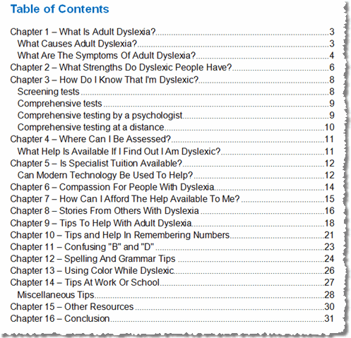 table of contents