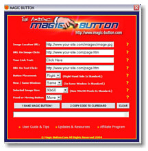 Screenshot of the Magic Button user interface.  With just a few simple clicks you can use this amazing software to increase your affiliate link click throughs, gain more newsletter subscribers and boost your order rates.  Purchase your copy today..